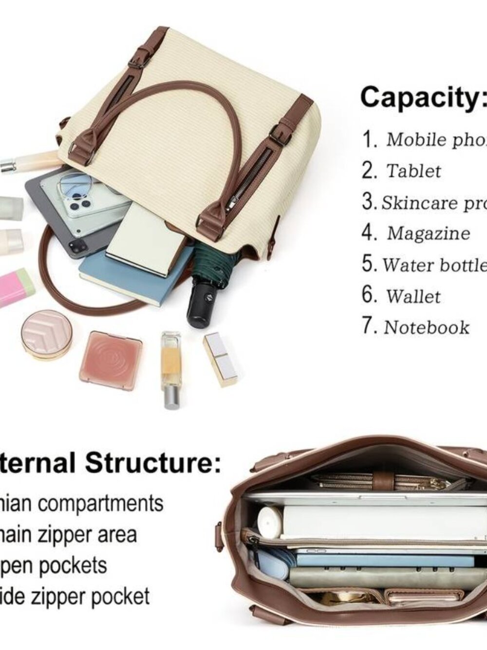 Large Capacity Beige Vegan Leather Double Crossbody Handbag - Picture 4 of 6